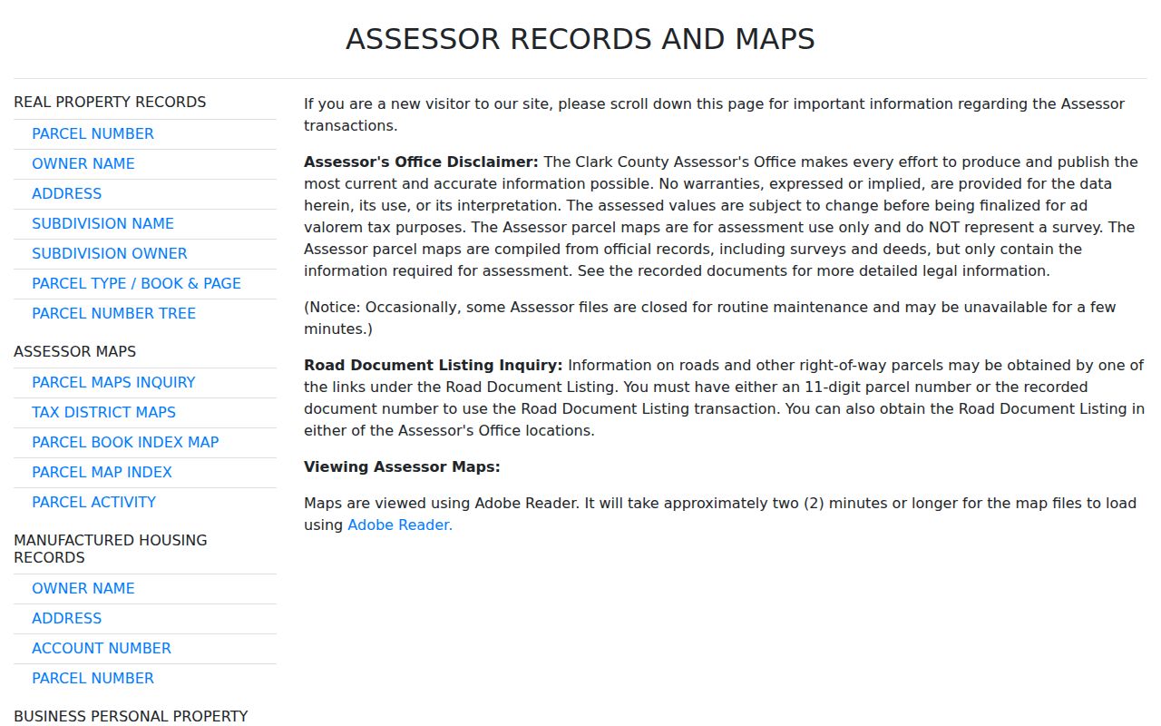 Clark County Assessor real-property routes used in the Nevada residents directory