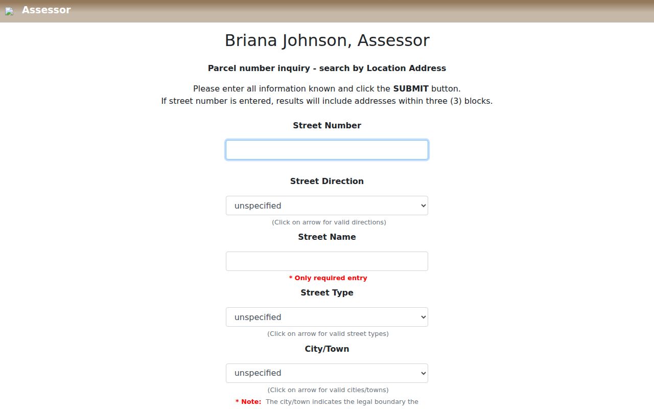 Nevada street directory research: Clark County Assessor site-address search fields