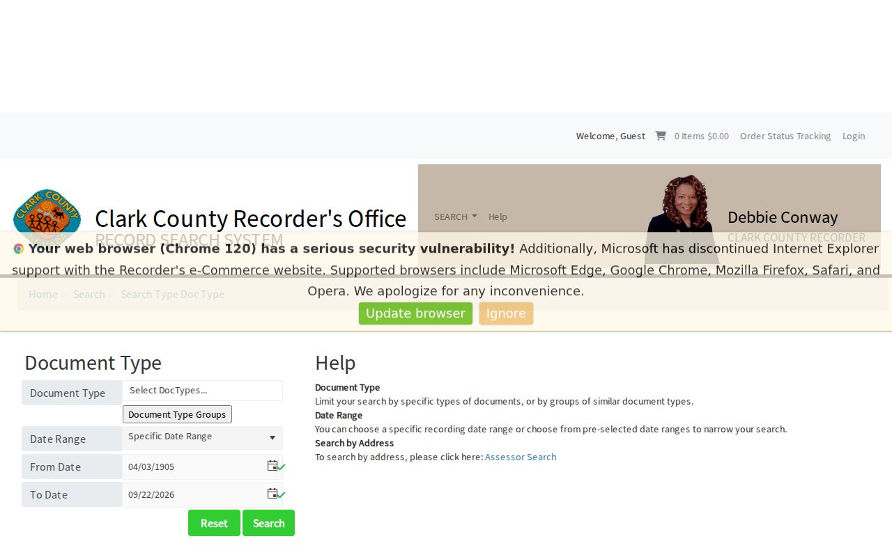 Nevada previous residents search: Clark County Recorder document-type and date controls