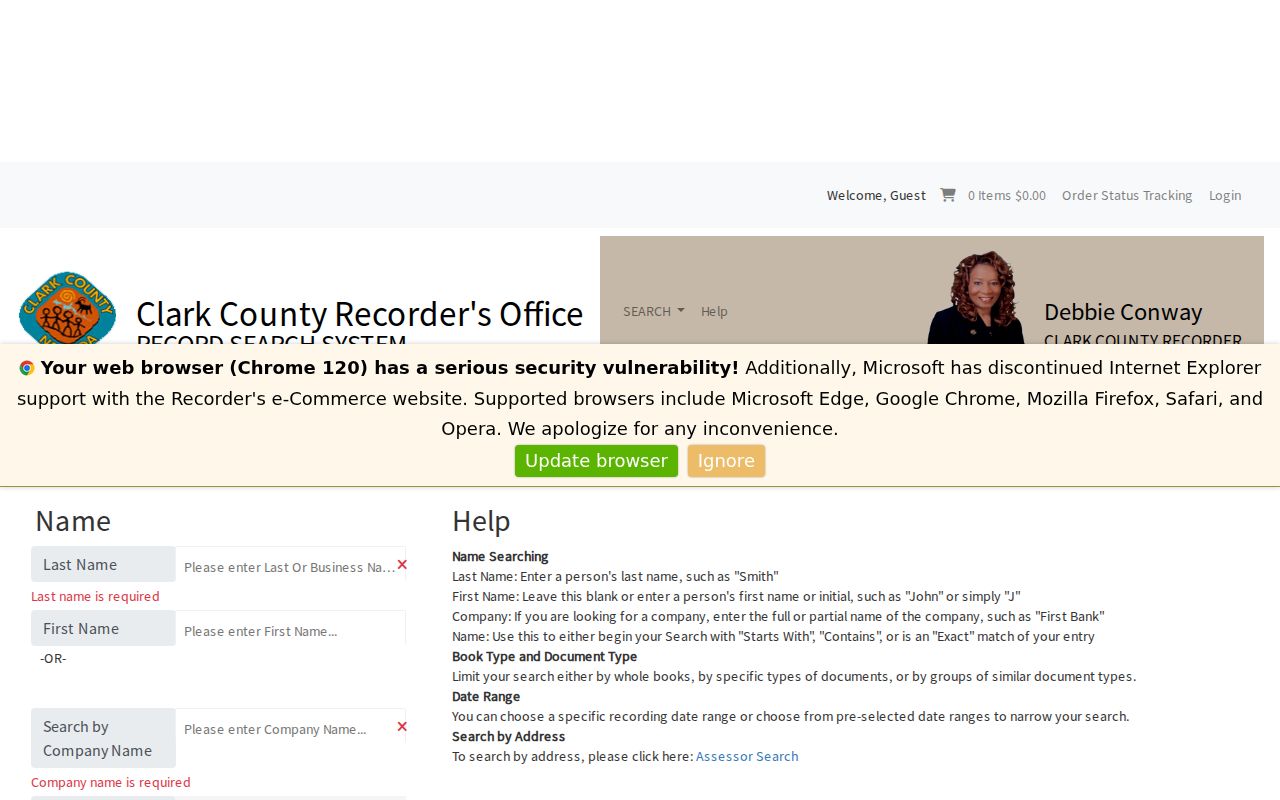 Nevada street directory research: Clark County Recorder name-search controls
