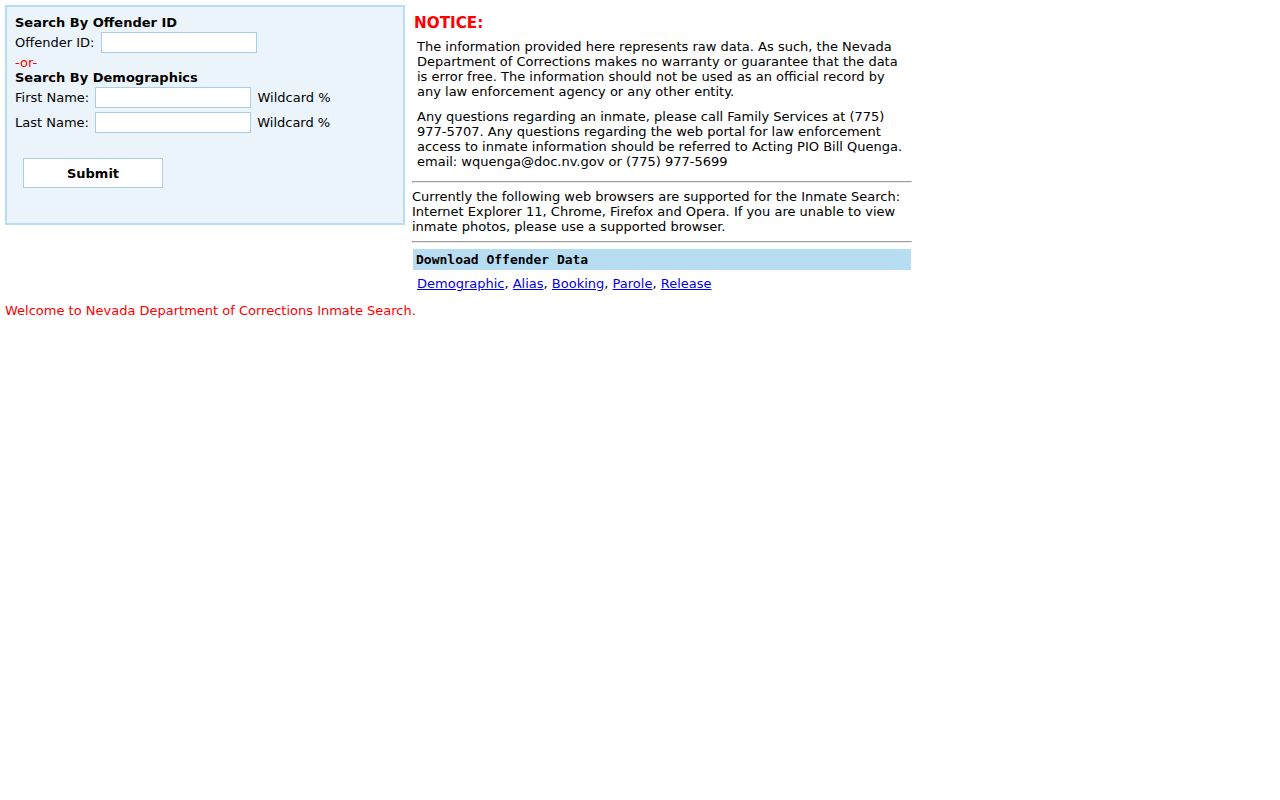 Nevada resident lookup in the NDOC offender search by ID or name