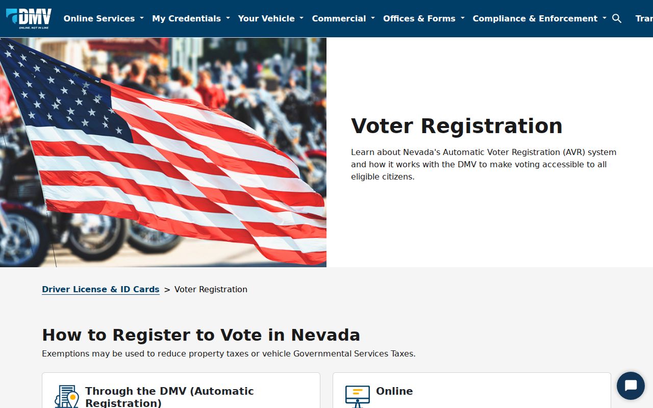 Nevada resident lookup voter registration and status route through the DMV