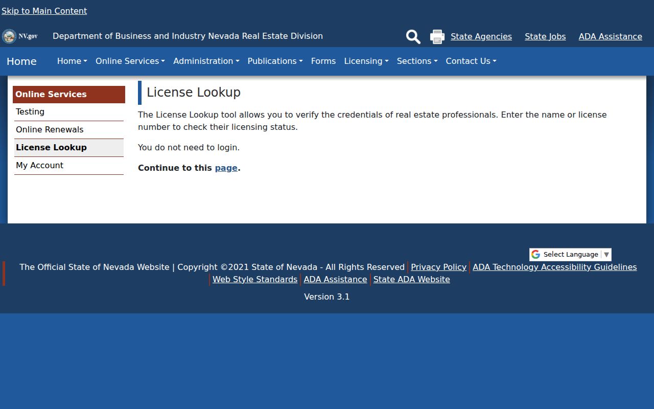 Nevada resident lookup through the Real Estate Division license search