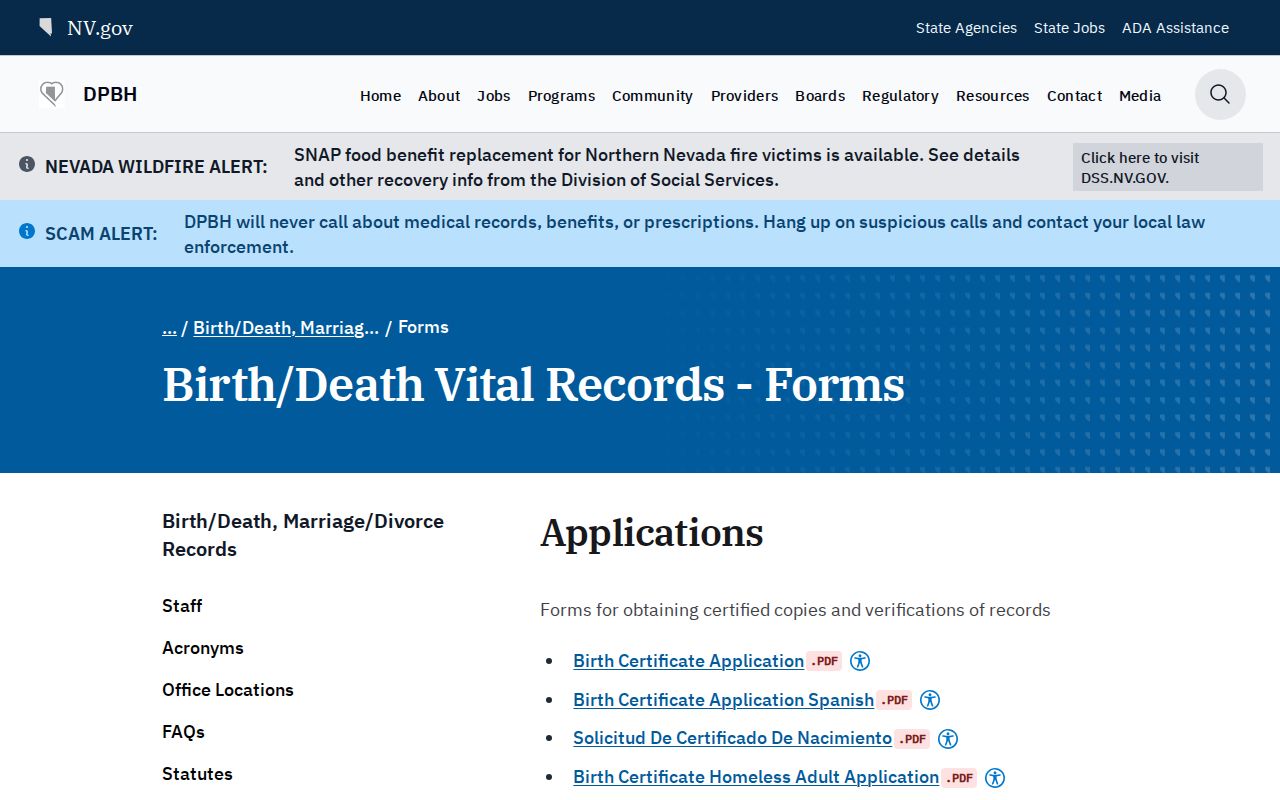 Nevada resident lookup through vital-record application forms and fees