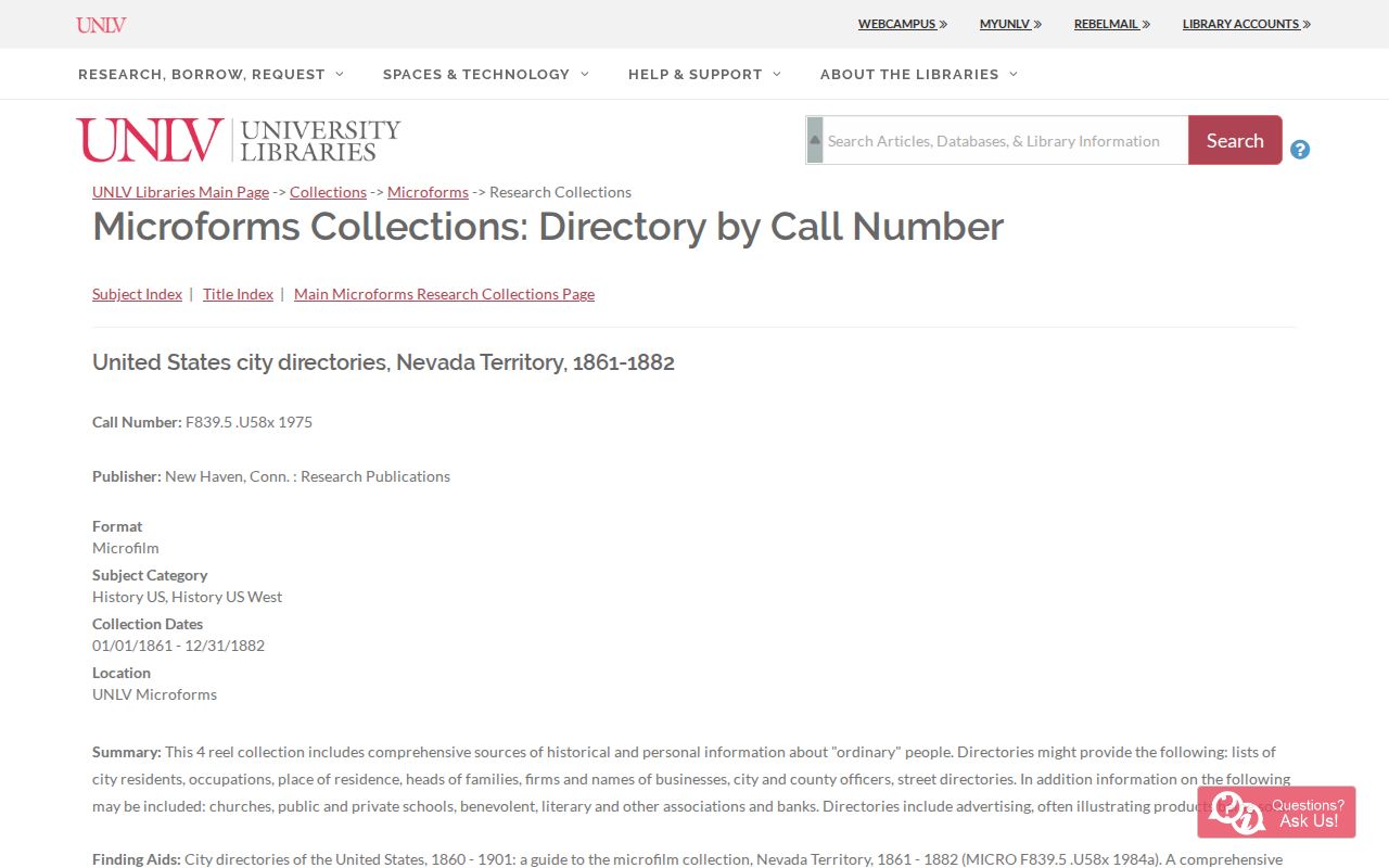 Nevada city directory microform catalog record at UNLV, showing a historical directory collection